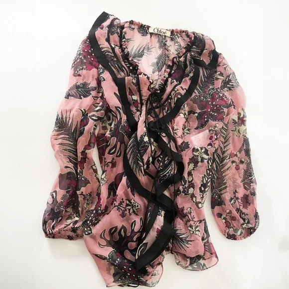 CHLOE Ruffled Cactus-Print Silk Blouse, Pink/Burgandy - Picture 9 of 12